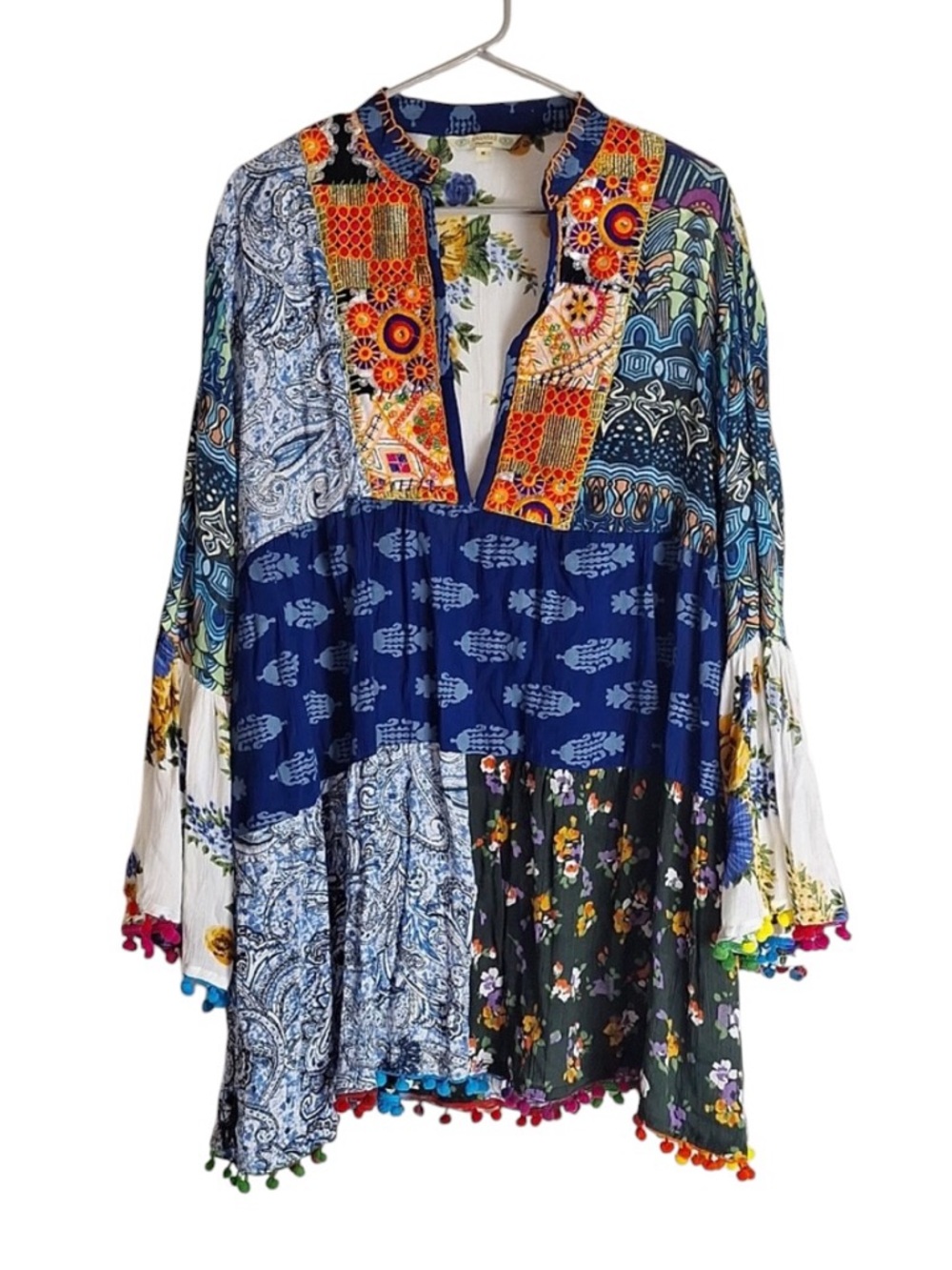 Ananda Design Multicolor Patchwork Mini Dress with Pom Trim